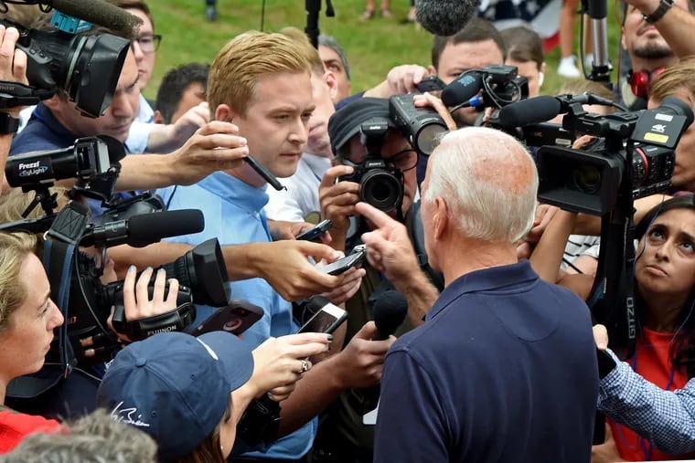 Democratic presidential candidate and former Vice President Joe Biden points at Fox News reporter Peter Doocy saying, "Ask the right question," as he talks to the media after arriving at the Polk County Steak Fry, a huge gathering of Democrats in Des Moines, Iowa September 21, 2019. The Fox reporter asked Biden about a whistleblower's claims that President Trump repeatedly pressured the Ukrainian president to investigate Hunter Biden.
