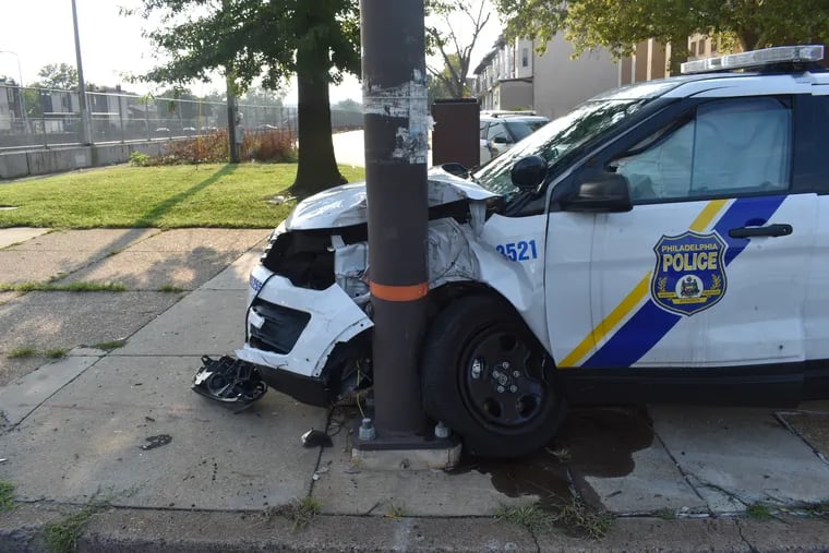 The police cruiser that struck Anthony Blume's car in August 2019 in a crash that broke his neck.  A jury has awarded Blume nearly $2.7 million, but the city is seeking to reduce the payment to $500,000.
