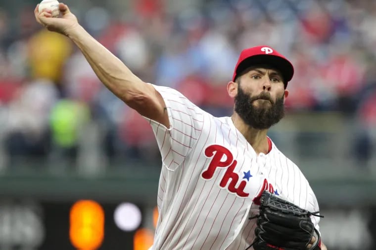 Jake Arrieta of the Phillies pitches against the Diamondbacks on  Wednesday.
