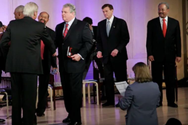 Bob Brady greets moderator Chris Matthews (back to camera) as Dwight Evans (left) has his microphone installed. Michael Nutter is behind them; to right, Knox and Fattah.