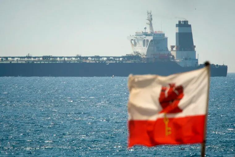 A view of the Grace 1 super tanker in the British territory of Gibraltar, Thursday, July 4, 2019. Spain's acting foreign minister says a tanker stopped off Gibraltar and suspected of taking oil to Syria was intercepted by British authorities after a request from the United States.
