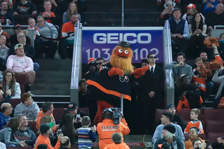 Flyers mascot Gritty dances during a break while the Flyers played the Vegas Golden Knights last season.