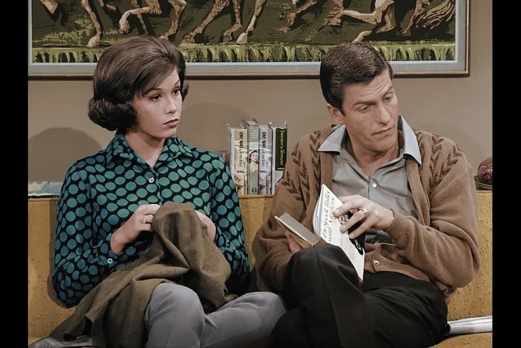 A scene from "The Dick Van Dyke Show -- Now in Living Color!," a one-hour special featuring two newly colorized  episodes of the 1960s series that CBS aired on Dec. 14. It's available On Demand from Comcast, but  as one of our readers discovered, the X1 voice remote has a problem with Van Dyke's name.