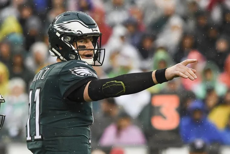 Eagles quarterback Carson Wentz gives instructions during the game against the 49ers at Lincoln Financial Field Oct. 29.