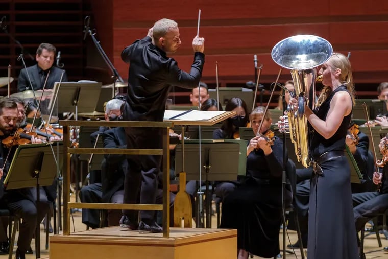 Tuba player Carol Jantsch performing with the Philadelphia Orchestra led by Yannick Nezet-Seguin.