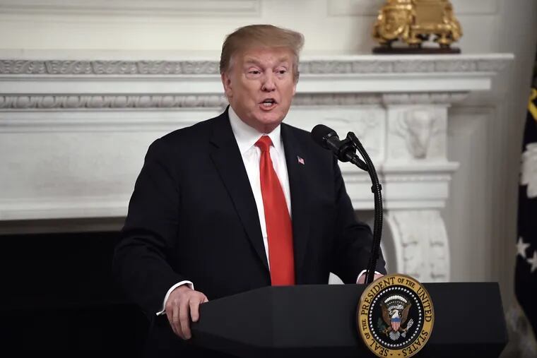 U.S. President Donald Trump addresses a group of Attorneys General belonging to the National Association of Attorneys General, in the State Dining Room of the White House on March 4, 2019, in Washington, D.C. (Olivier Doulier/Abaca Press/TNS)