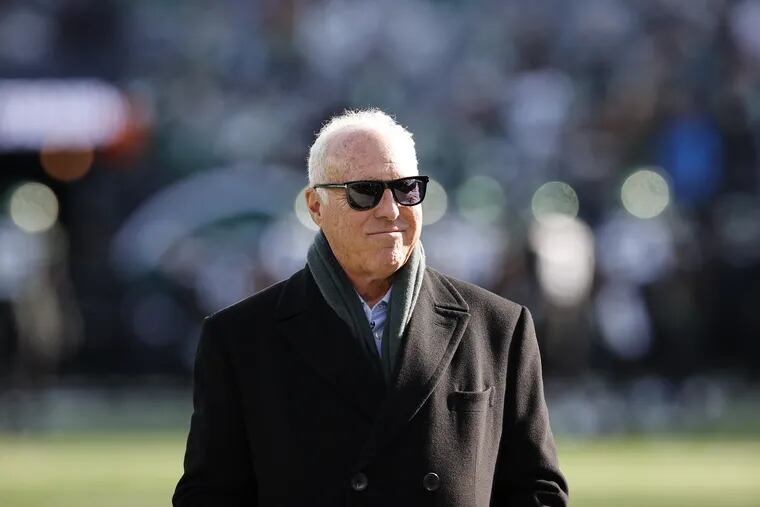 Owner Jeffrey Lurie walking along the sidelines — and definitely not meddling — before an Eagles game against the Jets at MetLife Stadium.