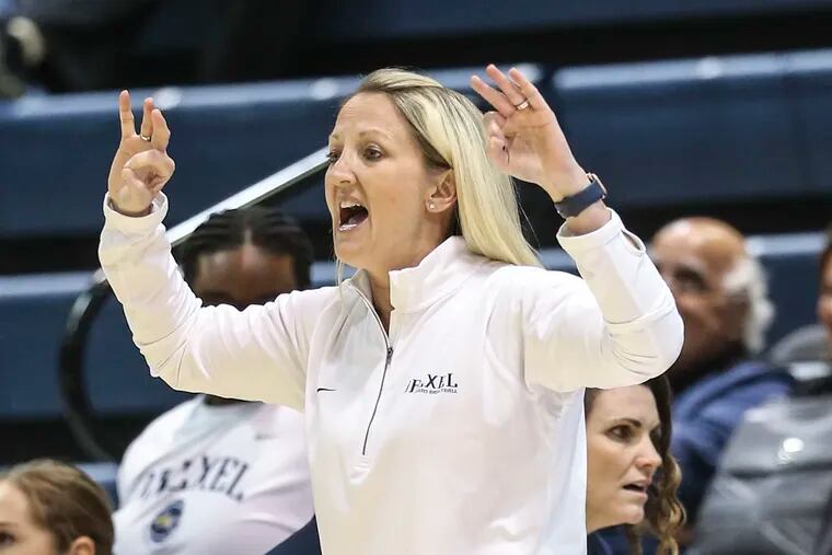 Drexel  head coach Amy Mallon calls plays against  Bucknell during the 4th quarter of the WNIT second round  at The Daskalakis Athletic Center in Philadelphia  Monday, March 21, 2022. Drexel comes from behind  to beat Bucknell 61-58.