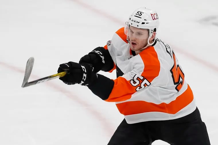 Philadelphia Flyers' Samuel Morin plays against the Boston Bruins during the first period of an NHL hockey game, Monday, April 5, 2021, in Boston. (AP Photo/Michael Dwyer)