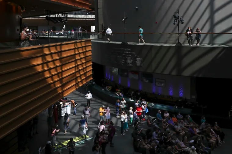 People fill the Kimmel Center for various performances throughout the afternoon for “Arts Launch 2021" on Saturday. The event marked a celebratory return to in-person arts and cultural events in Philadelphia following an 18-month hiatus due to the pandemic.