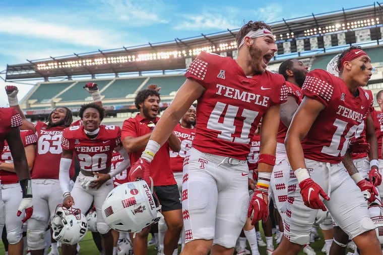 Temple players celebrate their win over the Lafayette Leopards at Lincoln Financial Field in Philadelphia on Saturday.