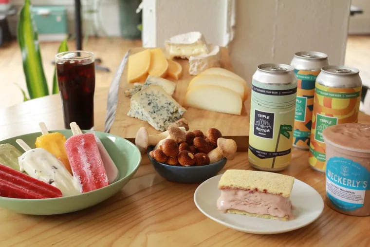 Some of the locally made artisan ingredients available for delivery in a Joy Box include Vietnamese-style coffee from Càphê Roasters, beer from Triple Bottom Brewing, Lil' Pop Shop popsicles, Pennsylvania cheeses distributed by Third Wheel Cheese, Mycopolitan mushrooms, and Weckerly's ice cream bars.