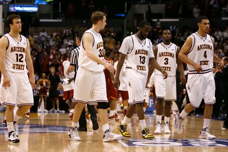 From left to right, Arizona State's Derek Glasser, Rihards Kuksiks, James Harden, Ty Abbott, and Jeff Pendergraph, walk off the court during a game in Los Angeles on Saturday, March 14, 2009.