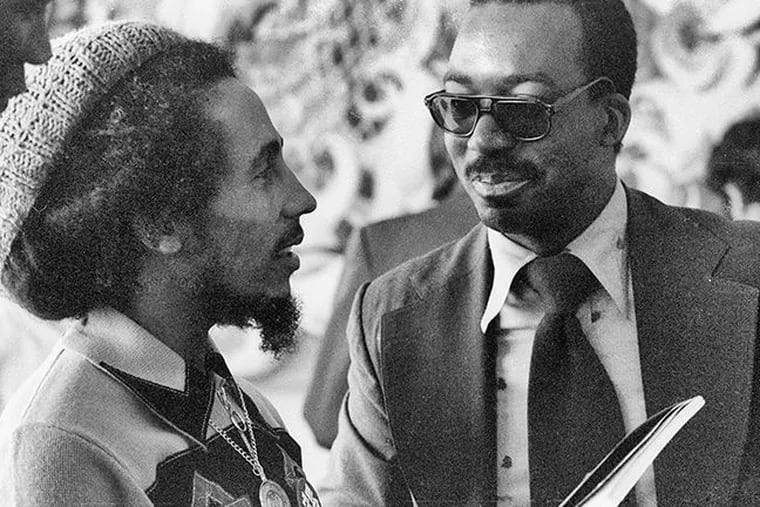 Reggae legend Bob Marley talks with James G. Spady at the United Nations in New York City on June 15, 1978.