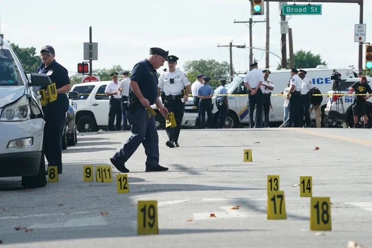 Police on the scene at West Chew Avenue and North Park Avenue in Philadelphia's Fern Rock neighborhood on Monday, Sept. 20, 2021. Six people were reported wounded in a shooting, one fatally.