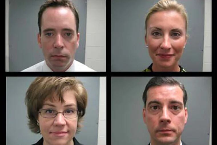 Among the seven defendants who've pleaded guilty today in  Bonusgatel: clockwise from top left, Mike Manzo; former chief of staff to Rep. H. William DeWeese; his wife, Rachel Manzo, a one-time aide to several legislators; Scott Brubaker, the House Democratic Caucus' former director of staffing and administration; and his wife, Jennifer Brubaker, former director of the Democrats' Legislative Research Office. (www.attorneygeneral.gov)