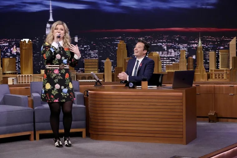 Singer Kelly Clarkson with “Tonight Show” host Jimmy Fallon on Monday’s show, in which Fallon pledged to join the student-led March to Save Our Lives in Washington, D.C., on March 24