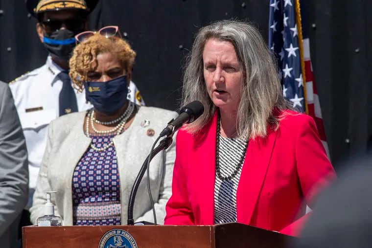 Upper Darby Mayor Barbarann Keffer at the podium with Pennsylvania State Rep. Margo Davidson during a news conference with Pennsylvania Attorney General Josh Shapiro. (not shown)
