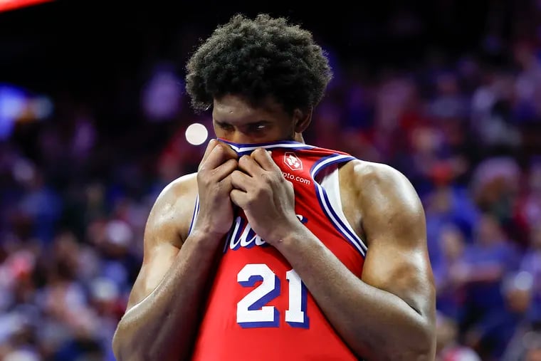 Sixers center Joel Embiid during the final seconds of Game 4 against the New York Knicks. The reigning MVP is averaging 35.0 points, 9.0 rebounds, 5.5 assists and 40.1 minutes in the series.