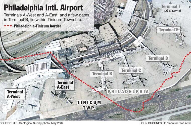 Map shows border between Tinnicum Twp. and Philadelphia as it runs through Philadelphia International Airport.