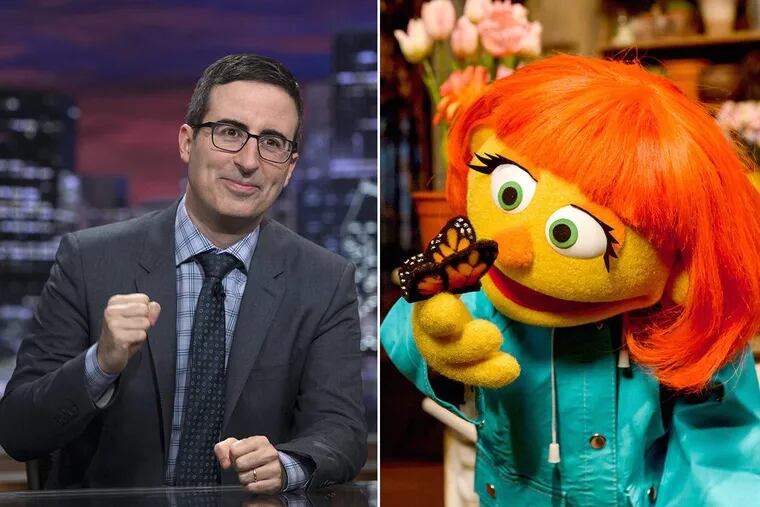 Pictured right is John Oliver on the set of HBOs “Last Week Tonight with John Oliver.” Pictured left is Julia, an autistic muppet character on Sesame Street.