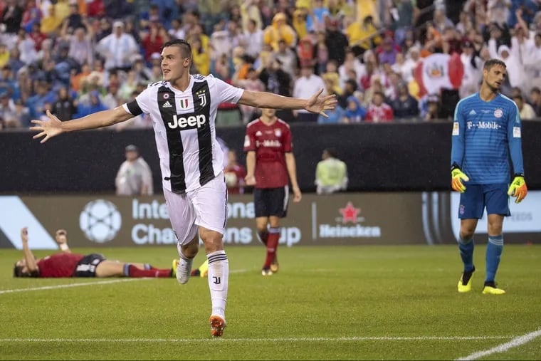 Juventus striker Andrea Favilli, center, celebrates his first goal against Bayern Munich at Lincoln Financial Field on Wednesday.