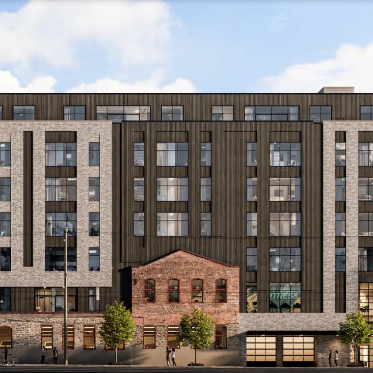 A rendering of the 167-unit apartment building proposed for 4045-61 Main Street in Manayunk. The historic facades would remain on the ground floor.