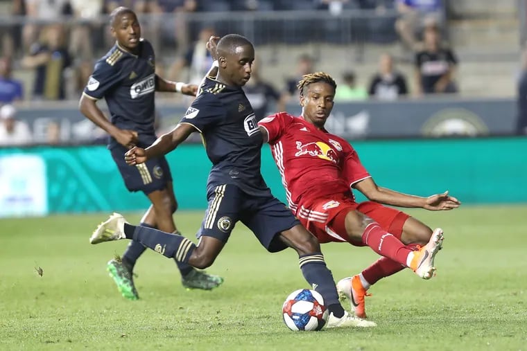 Jamiro Monteiro (middle) has missed the last three Union games because of a sprained ankle suffered July 4 at Orlando City.