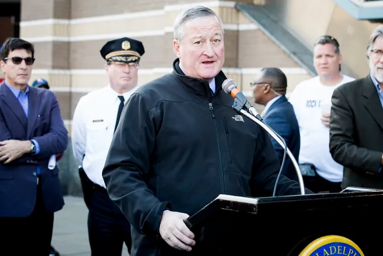 Philadelphia Mayor Jim Kenney talks at a neighborhood cleanup in Kensington in November 2018, shortly after declaring a disaster in the neighborhood over the opioid crisis. RACHEL WISNIEWSKI / For the Inquirer