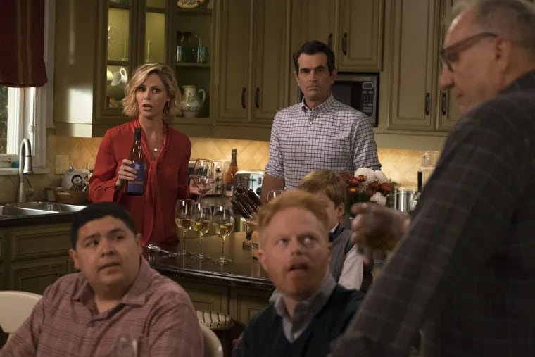 "Modern Family" cast members Rico Rodriguez, Julie Bowen, Jesse Tyler Ferguson, Ty Burrell, and Ed O'Neill in a scene from an episode earlier this season.