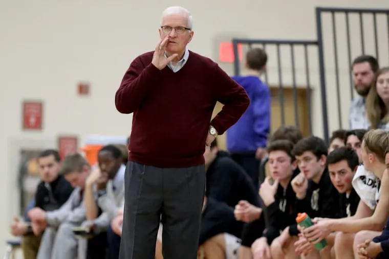 Speedy Morris, current St. Joseph’s Prep coach, formerly coach at Roman Catholic High School, La Salle University women and La Salle University men. Over 20 active coaches either played for or coached under Morris. He instructs his team during their game against Girard College.