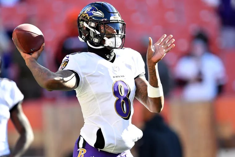 FOR ACTION NETWORK USE ONLY. CLEVELAND, OHIO - DECEMBER 12: Lamar Jackson #8 of the Baltimore Ravens throws the ball during warm-up before the game against the Cleveland Browns at FirstEnergy Stadium on December 12, 2021 in Cleveland, Ohio. (Photo by Jason Miller/Getty Images)