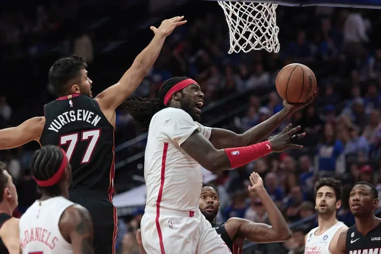 Sixers center Montrezl Harrell in action against the Miami Heat on April 6.