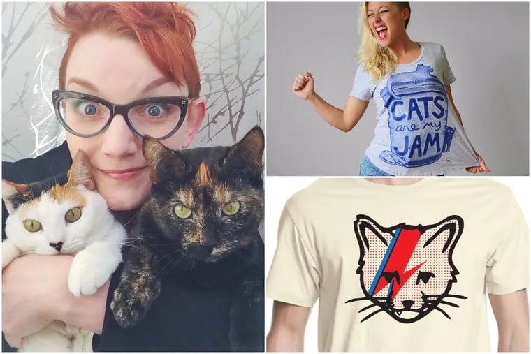 Laura Kicey (left, with cats Olive and Rye) is founder of Kittydelphia, where you can get Xenotees’ ‘Cats are My Jam’ tee, or a Bowie-themed shirt from Ambler Apparel.