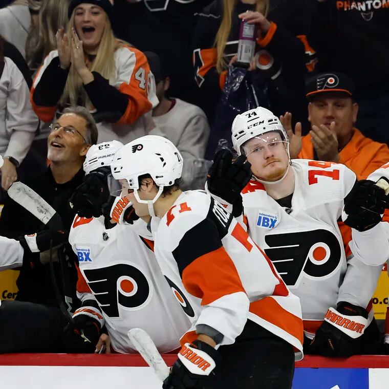Flyers right wing Tyson Foerster celebrates his second period penalty shot goal with his teammates against the Ottawa Senators on March 2.