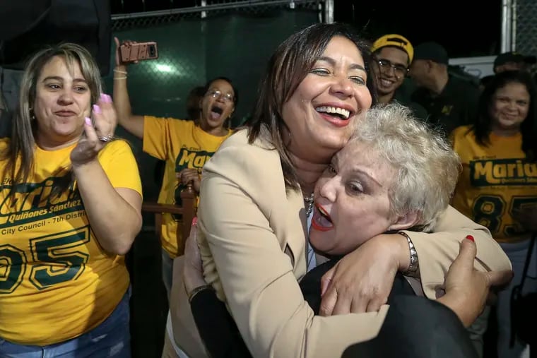 7th District City Council member Maria Quinones-Sanchez, hugs her mother Bienvenida Neris at her victory party at the .Makumba Night Club on Castor Avenue in Frankfort. Quinones-Sanchez beat State Rep. Angel Cruz in the primary. Tuesday, May 21, 2019
