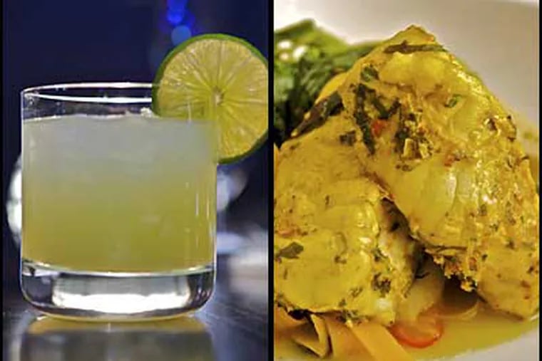 Craig LaBan suggests the Green Demon with absinthe (left), and says the Singapore-style monkfish over shaved sweet potato "noodles" is excellent.