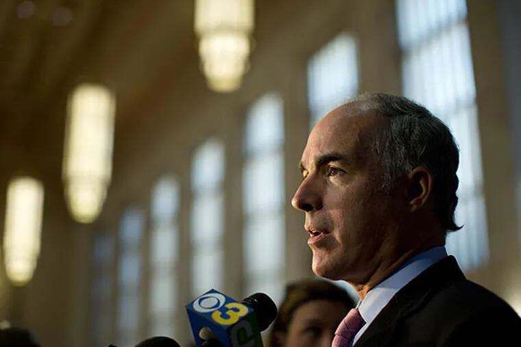 Sen. Bob Casey, D-Pa., speaks during a news conference at 30th Street Station in Philadelphia, Monday, Sept. 30, 2013, as the government teeters on the brink of a partial shutdown beginning at midnight unless Congress can reach an agreement on funding. A conservative challenge to President Barack Obama's health care law threatens to push the federal government to the brink of a partial shutdown Monday, with the Senate expected to convene just hours before a deadline to pass a temporary spending bill. (AP Photo/Matt Rourke)
