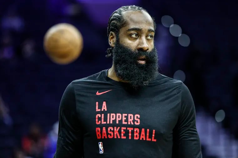 Clippers James Harden during warmups before his game against the Sixers at the Wells Fargo Center in Philadelphia, Wednesday, March 27, 2024.