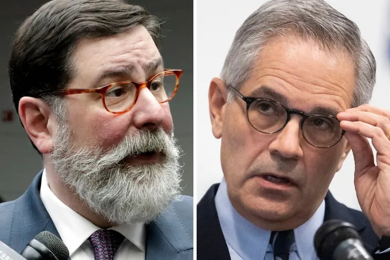Mayor William Peduto, left, is running for his third term as Pittsburgh mayor; Philadelphia District Attorney Larry Krasner for a second term.