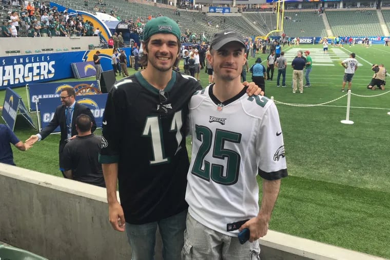 Andrew Immordino, 24, on left, and his brother, Scott Mantz, 31, were best friends and die-hard Eagles fans. Mantz died of a heart attack on New Year’s Eve. Immordino wants to bring his brother’s ashes to the Super Bowl as his final send-off.