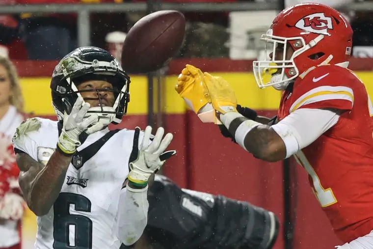 Eagles wide receiver DeVonta Smith catches a 41-yard pass in the fourth quarter on Monday. The catch set up the game-winning touchdown.