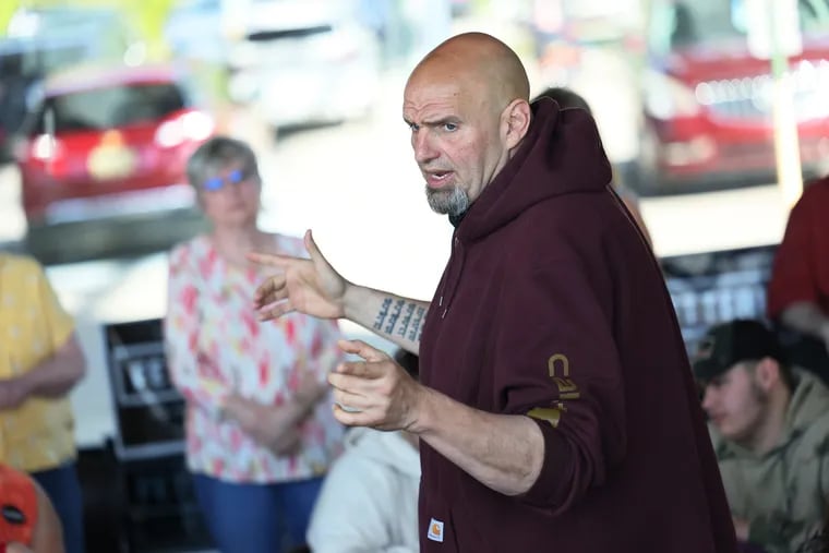 Lt. Gov. John Fetterman campaigning for U.S. Senate at the Joseph A. Hardy Connellsville Airport on May 10 in Lemont Furnace.
