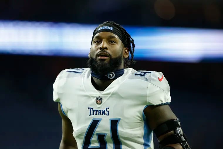 Tennessee Titans linebacker Zach Cunningham (41) walks off the field after an NFL football game against the Houston Texans on Sunday, October 30, 2022, in Houston. (AP Photo/Matt Patterson)