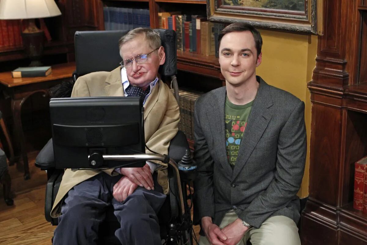 Physicist Stephen Hawking with actor Jim Parsons on the set of CBS’ “The Big Bang Theory” in  2012, when Hawking first appeared on the show