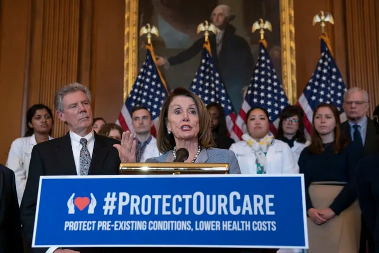 FILE - In this March 26, 2019 file photo, Speaker of the House Nancy Pelosi, D-Calif., joined at left by Energy and Commerce Committee Chair Frank Pallone, D-N.J., speaks at an event to announce legislation to lower health care costs and protect people with pre-existing medical conditions, at the Capitol in Washington. The failed attempt to repeal “Obamacare” in 2017 proved to be toxic for congressional Republicans in last year’s midterm elections and they are in no mood to repeat it. (AP Photo/J. Scott Applewhite, File)