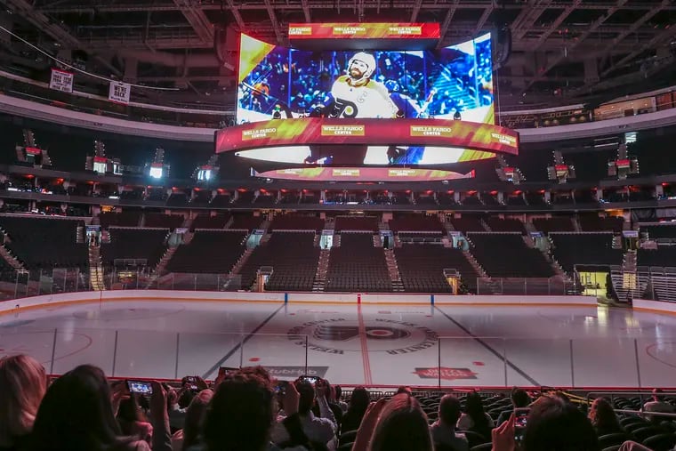 New Scoreboard unveiled at the Wells Fargo Center Tuesday,  September 10, 2019.