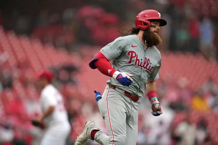 The Phillies' Brandon Marsh, heading to first with an RBI single in the sixth inning, went 5-for-11 in the three-game series with the Cardinals.