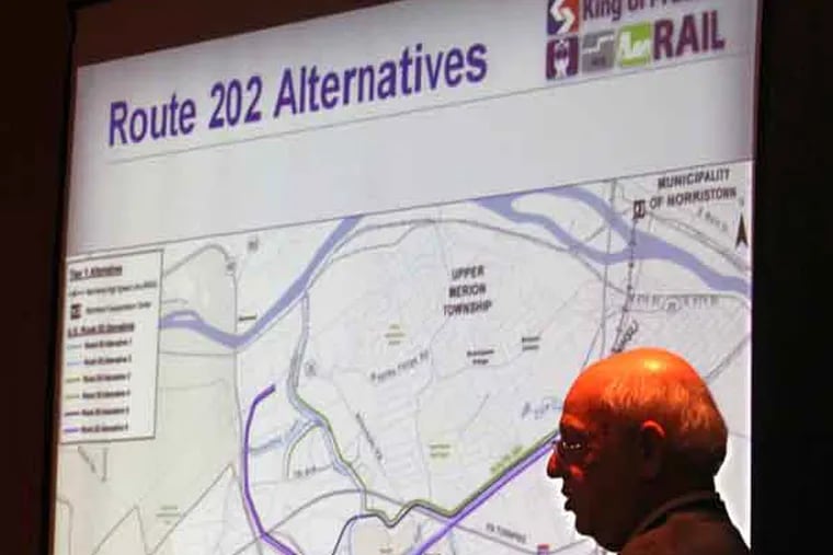 Sheldon Fialkoff, project manager with AECOM, presents possible routes for extending the Norristown High Speed Line to King of Prussia and Valley Forge. (RON CORTES / Staff Photographer)
