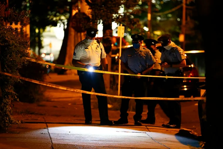 Philadelphia Police investigate a shooting on the 5000 Block of North Penn Street in the Frankford neighborhood of Philadelphia on Monday, September 21, 2020.  A 30-year-old man was taken to Temple University Hospital, where he was pronounced dead at 8:22 p.m.